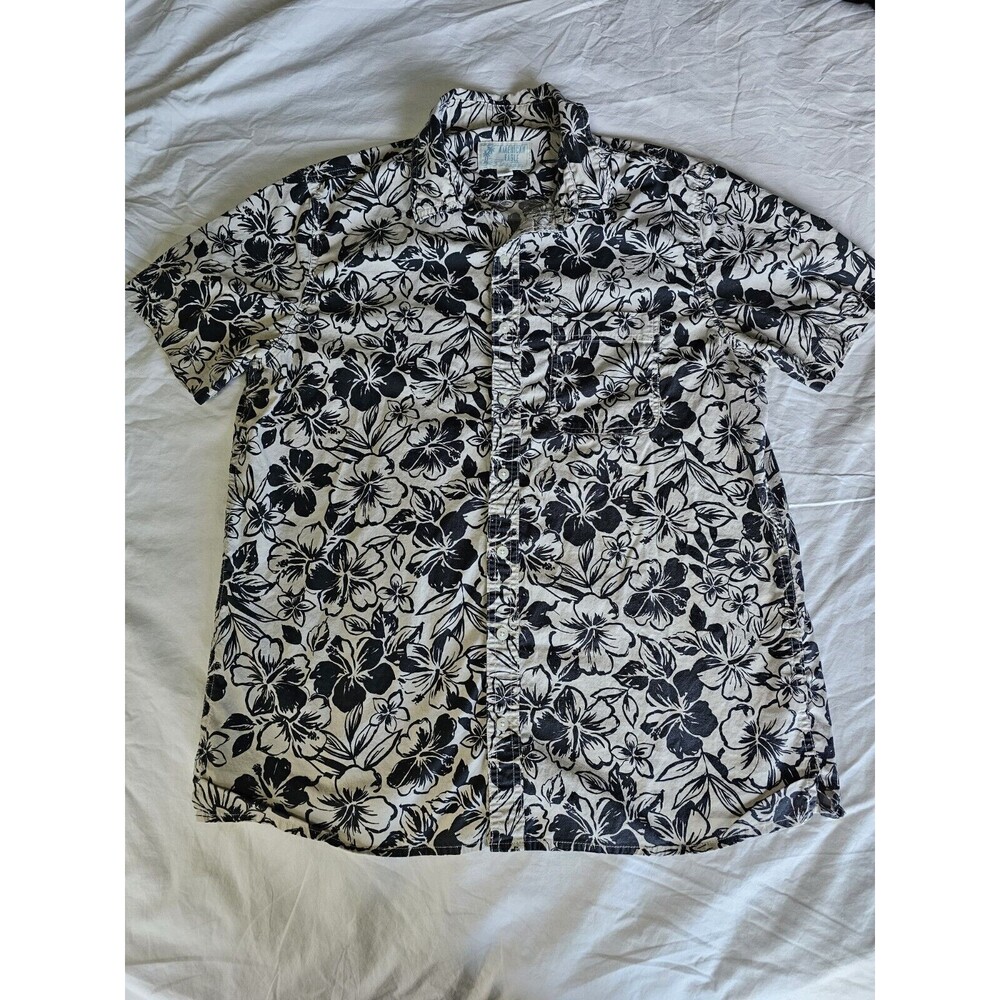 American Eagle Shirt Mens Large Tall Black Floral Hawaiian Aloha Button Up Camp